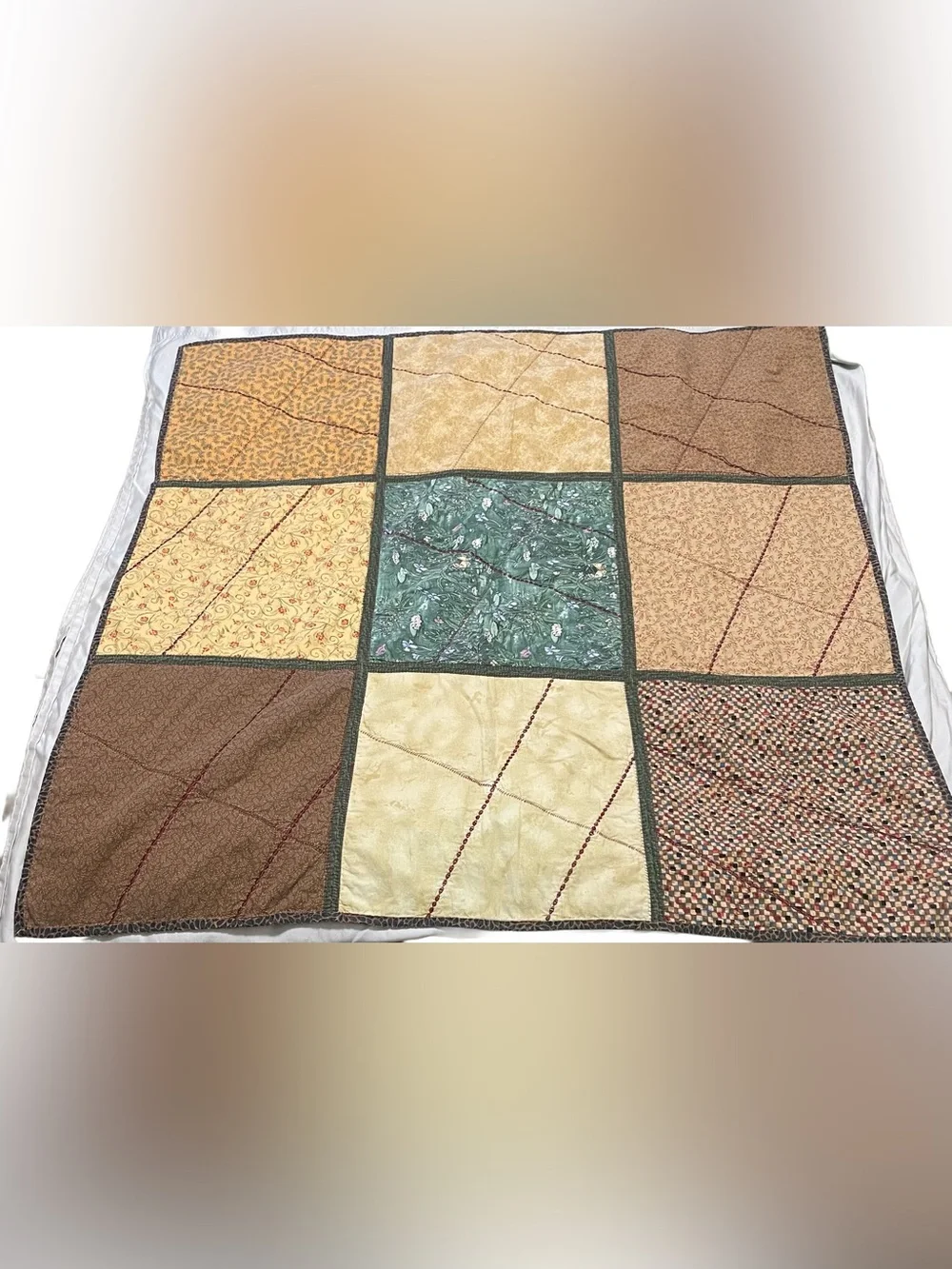 Handmade Patchwork Lap Quilt - Brown, Cream & Green with Lilly Pads